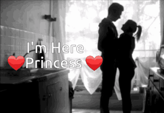 a black and white photo of a man and a woman with the words " i 'm here princess "