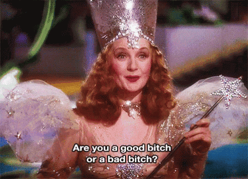 a woman in a fairy costume is holding a wand and saying are you a good bitch or a bad bitch