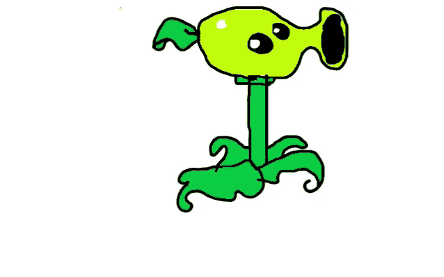 a cartoon drawing of a green plant with a yellow head and green leaves