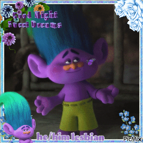 a purple troll with a butterfly on his face is surrounded by flowers and says good night sweet dreams