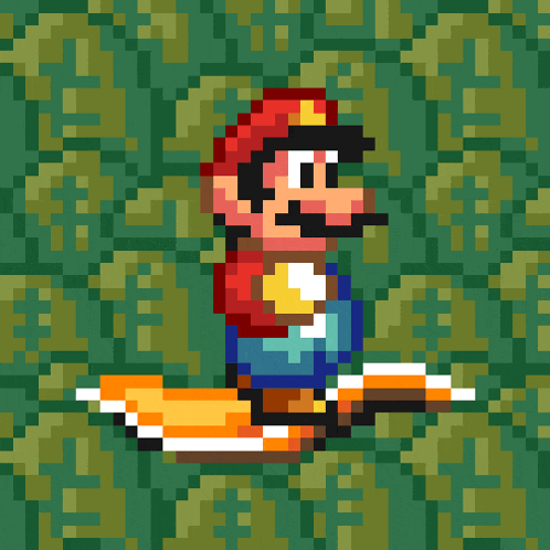 a pixel art of mario flying on a skateboard