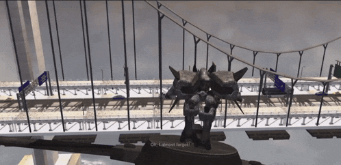 a computer generated image of a bridge with the words " oh i almost forgot " visible