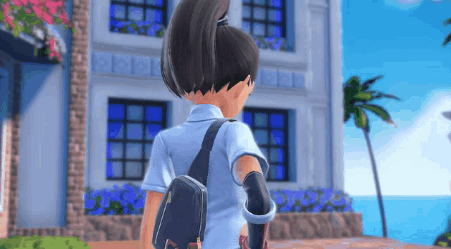 a girl with a ponytail and a backpack stands in front of a building