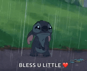 stitch from disney 's lilo and stitch is standing in the rain with a heart .