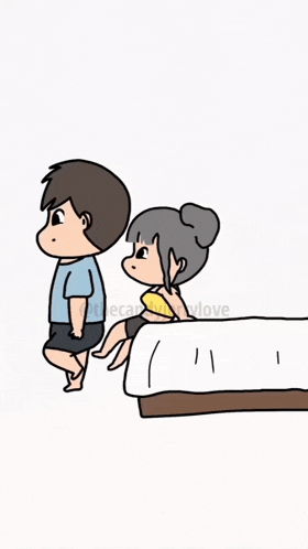 a cartoon of a man jumping over a woman in a bed