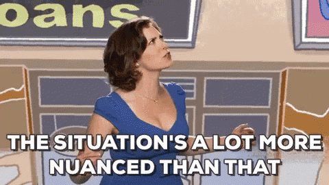 a woman in a blue dress is saying the situation is a lot more nuanced than that