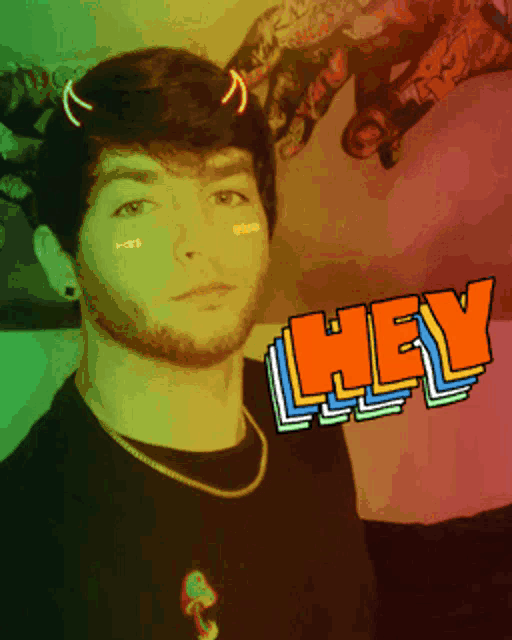 a young man is standing in front of a colorful background with the word hey in the foreground