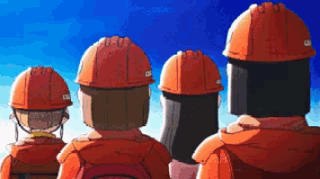 a group of people wearing orange hard hats with the letter d on the front