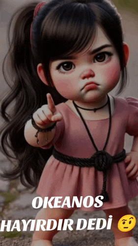 a little girl in a pink dress is pointing her finger at something