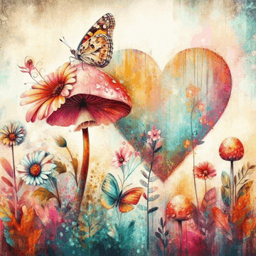 a butterfly sits on top of a mushroom with flowers and a heart in the background