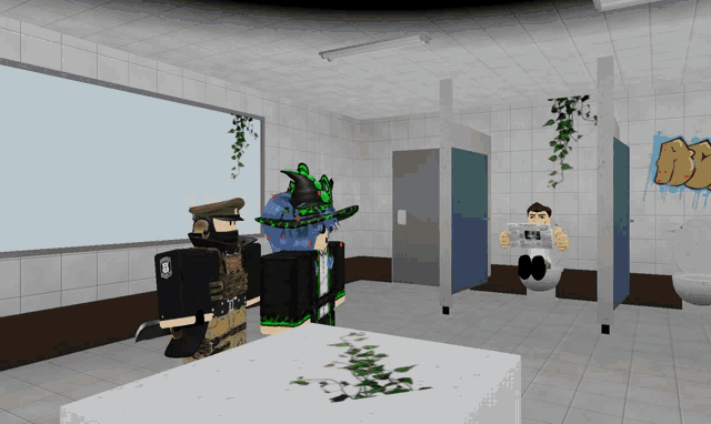 a cartoon of a man sitting on a toilet in a bathroom with graffiti on the wall that says dsd
