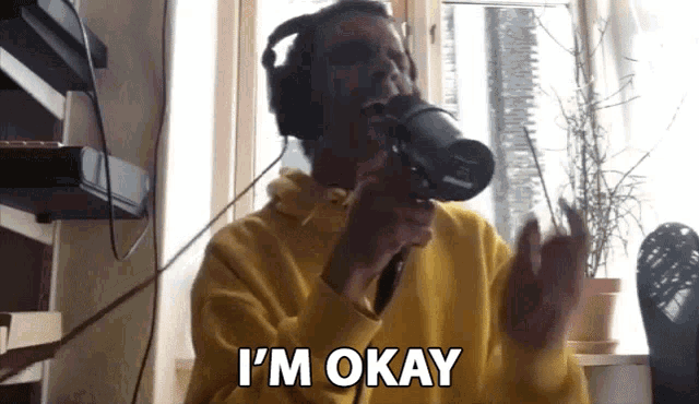 a man singing into a microphone with the words i 'm okay written below him