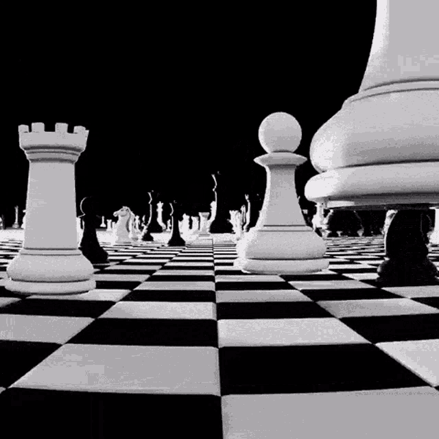 a black and white photo of a chess board with pieces on it