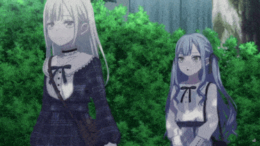 two anime girls are standing next to each other and one has blue hair