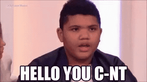 a young man is talking to a woman and saying hello you c-nt .