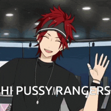 a cartoon character with red hair and the words hi pussy rangers on the bottom