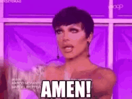 a woman in a purple dress says amen