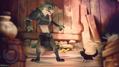 a painting of a lizard standing next to a small black and white dog with wolfbank written on the bottom