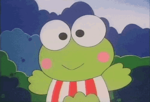 a green frog wearing a red and white striped scarf is smiling