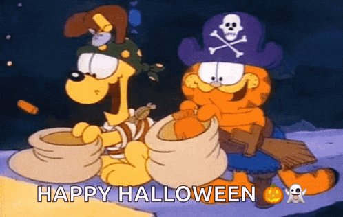 garfield and snoopy are dressed up in pirate costumes and saying happy halloween