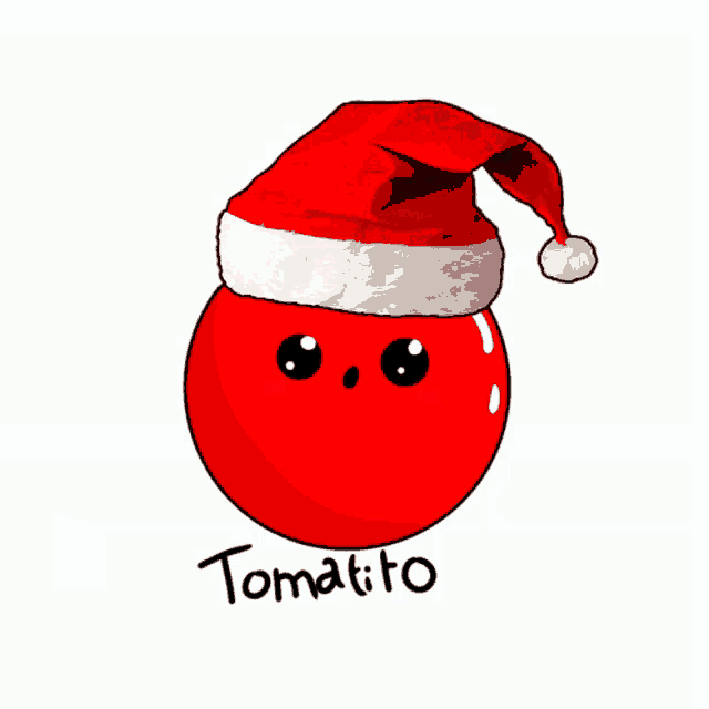 a drawing of a tomato wearing a santa hat with the name tomatito written below it