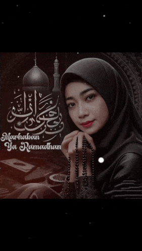 a woman in a hijab is holding a rosary in front of a sign that says harum wangi ramadhan
