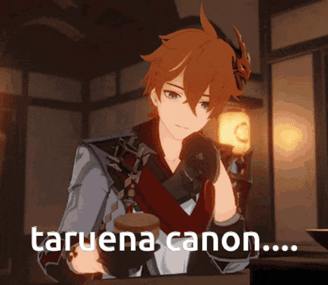 a cartoon character is sitting at a table and says taruena canon ...
