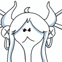 a cartoon drawing of a woman with horns and earrings covering her face .