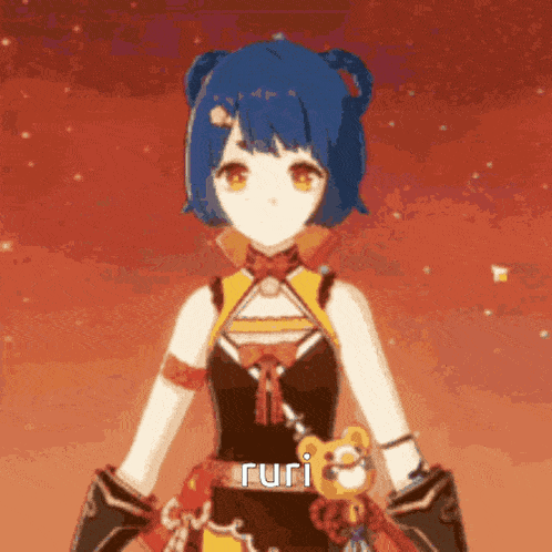 a cartoon girl with blue hair and yellow eyes is holding a teddy bear and wearing a black and yellow outfit .