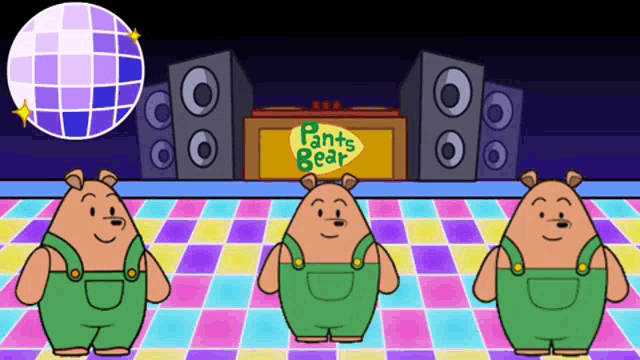 three cartoon bears dancing in front of a sign that says pants bear