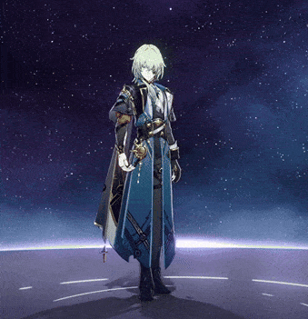 a man in a blue coat holding a sword in front of a starry sky