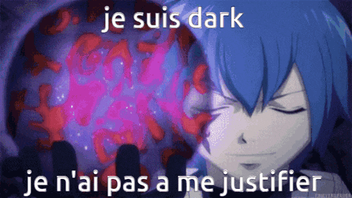 a blue haired anime character with the words je suis dark