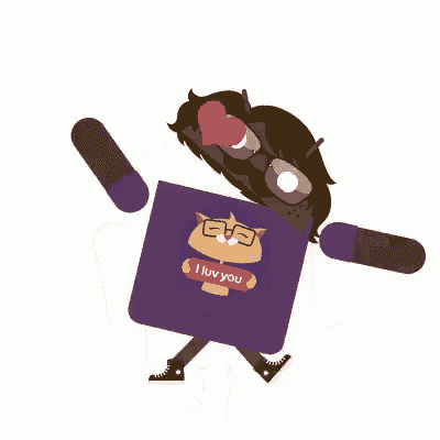 a cartoon character wearing glasses and a purple shirt that says i luv you