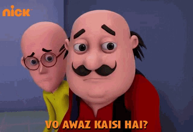 two cartoon characters are standing next to each other with the words vo awaz kaisi hai written below them