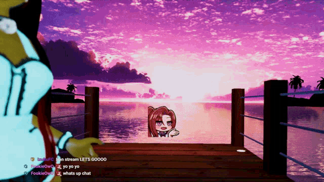 a screenshot of a video game shows a girl on a dock talking to someone