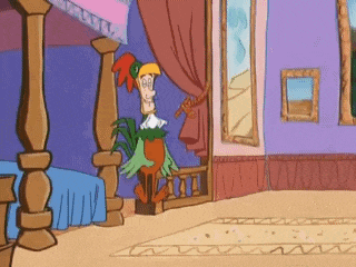 a cartoon character is standing in a room next to a bed