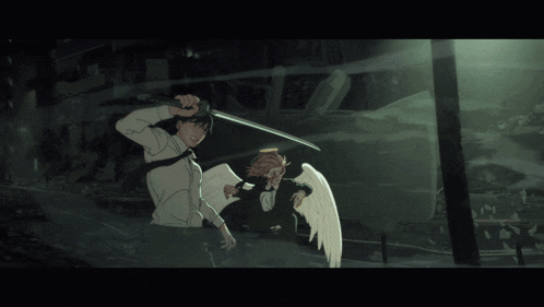 a man is holding a sword while a woman with wings is being held by another man