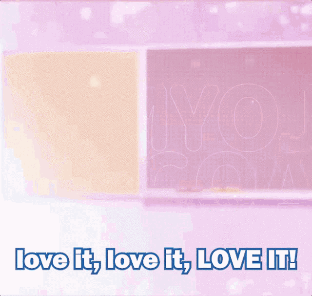 a girl in a blue jacket is standing in front of a pink background that says love it love it love it