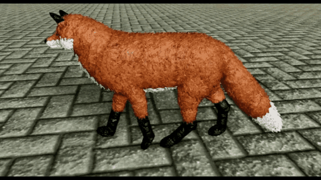 a fox with a white tail walking on a brick floor