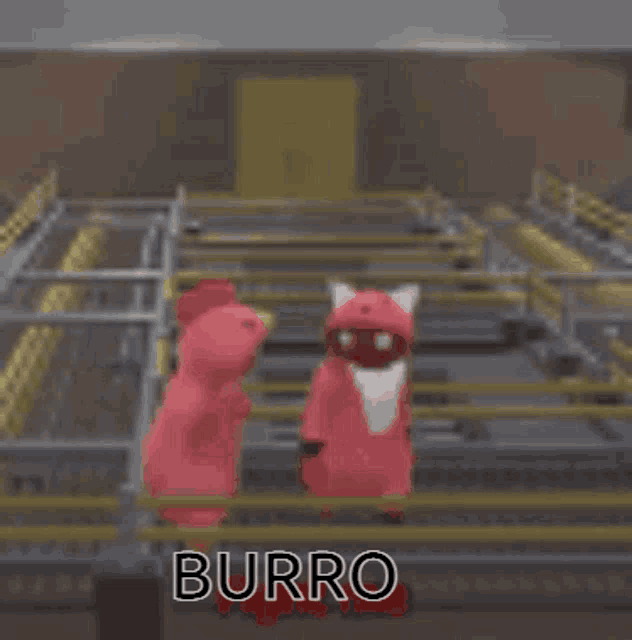two pink teddy bears are fighting in a boxing ring and the word burro is on the bottom of the image .