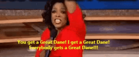 a woman in a red shirt is holding a microphone and saying " you get a great dane i get a great dane
