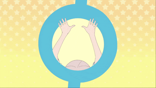 a girl with pink hair is yawning in a female symbol