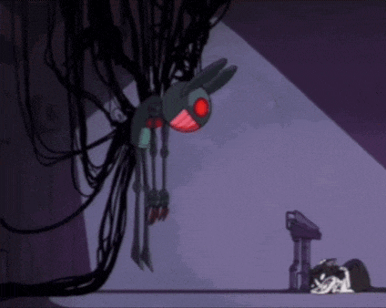 a cartoon of a rabbit with red eyes looking at a gun