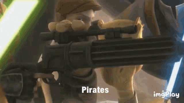 a cartoon character is holding a sniper rifle in his hand .