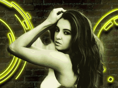 a woman stands in front of a brick wall with neon circles around her