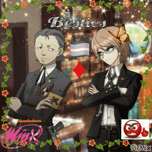 two anime characters are standing next to each other with the words besties on the bottom
