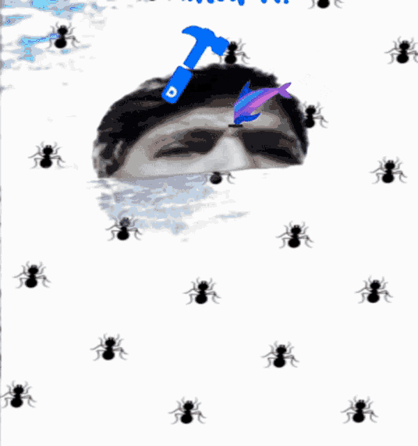 a man with a hammer on his head is surrounded by ants and a dolphin