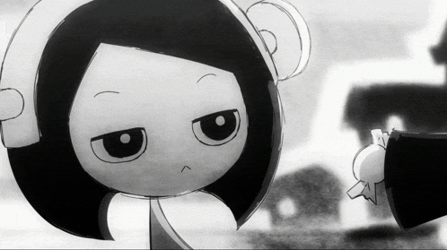 a black and white drawing of a cartoon character with headphones on