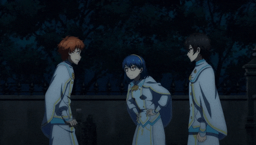 a group of anime characters are standing next to each other in a dark room