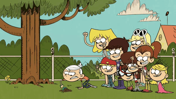 a group of loud house characters are standing in front of a tree